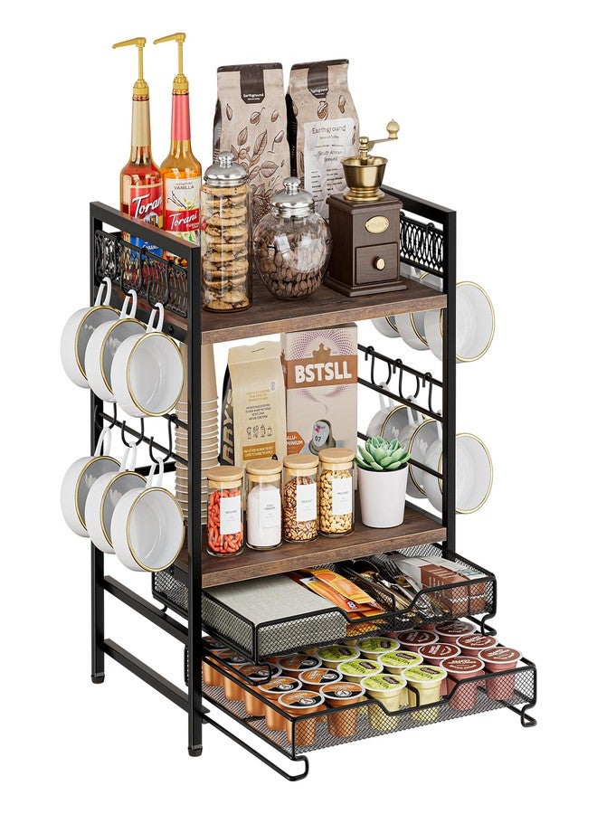 BSTSLL Coffee Bar Organizer, 4 Tier Coffee Station Organizer for Countertop, 30 K Cup Pod Drawer, Mug Cup Holder Stand With 12 Hooks, Multifunctional K Pods Shelf Storage Holder Drawer - Image 1